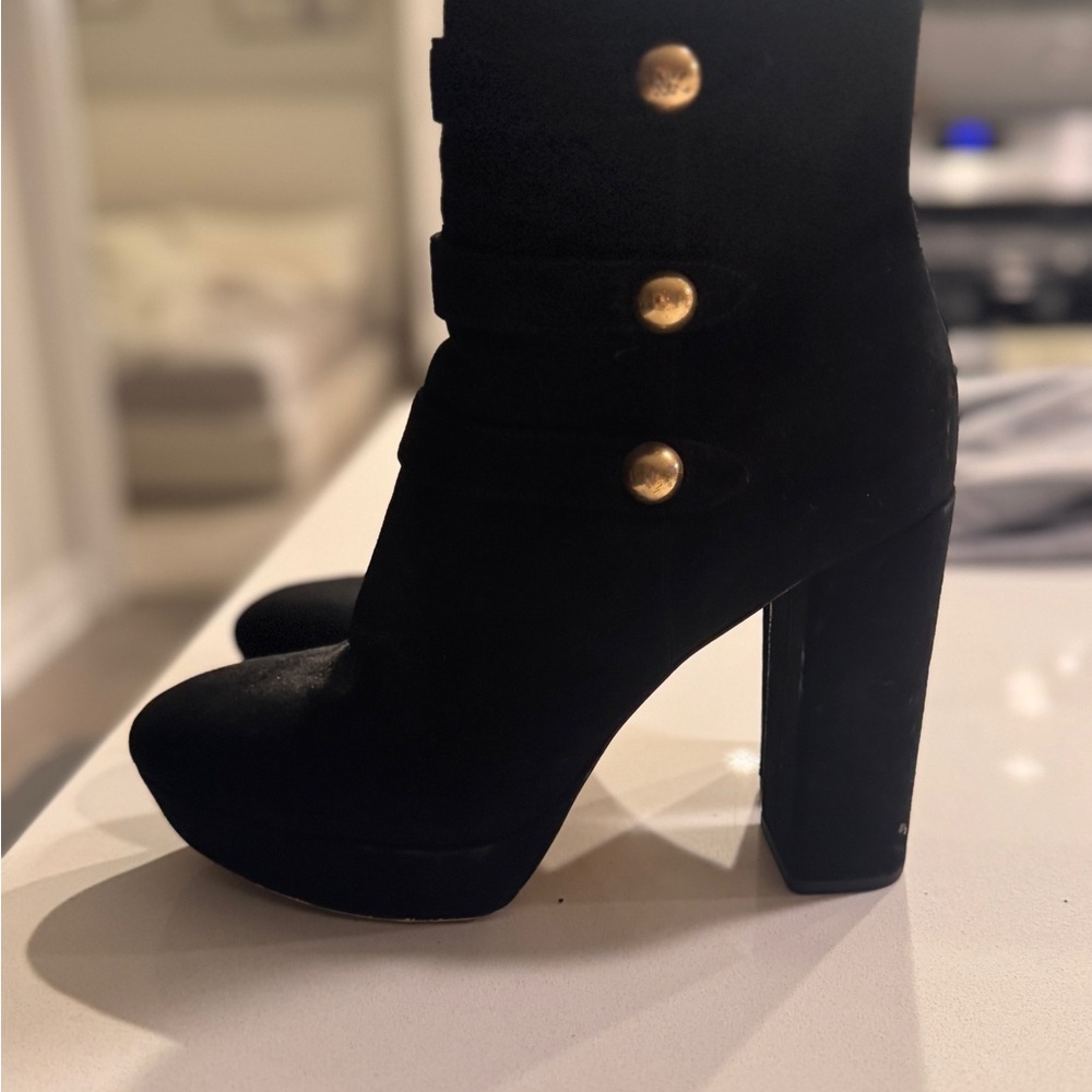 Black Suede High Heel Ankle Boots with Gold Button Detail